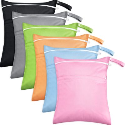 Kenning 6 Pack Wet Dry Bags Colors Waterproof Reusable Washable Travel Bags for Swimsuits Baby Cloth Diapers Wet Clothes with 2 Zippered Pockets Gym Beach Pool Daycare Accessories