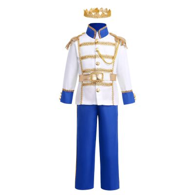 Boy Prince Charming Kids King Knight Toddler Medieval Royal Prince Outfit Gold Crown Boys Colonial Fairytale Party Birthday Royal Blue 5-7 Years