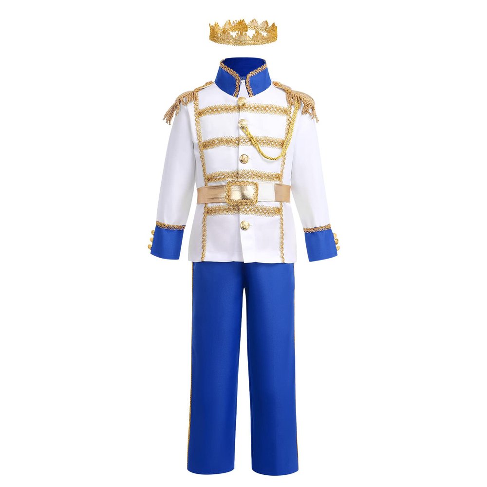 Boy Prince Charming Kids King Knight Toddler Medieval Royal Prince Outfit Gold Crown Boys Colonial Fairytale Party Birthday Royal Blue 10-12 Years