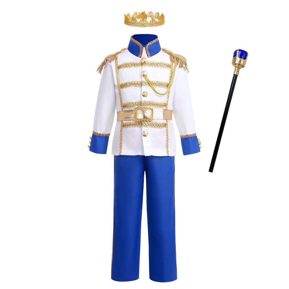 Boy Prince Charming Kids King Knight Toddler Medieval Royal Prince Outfit Gold Crown Boys Colonial Fairytale Party Birthday Royal Blue 8-10 Years