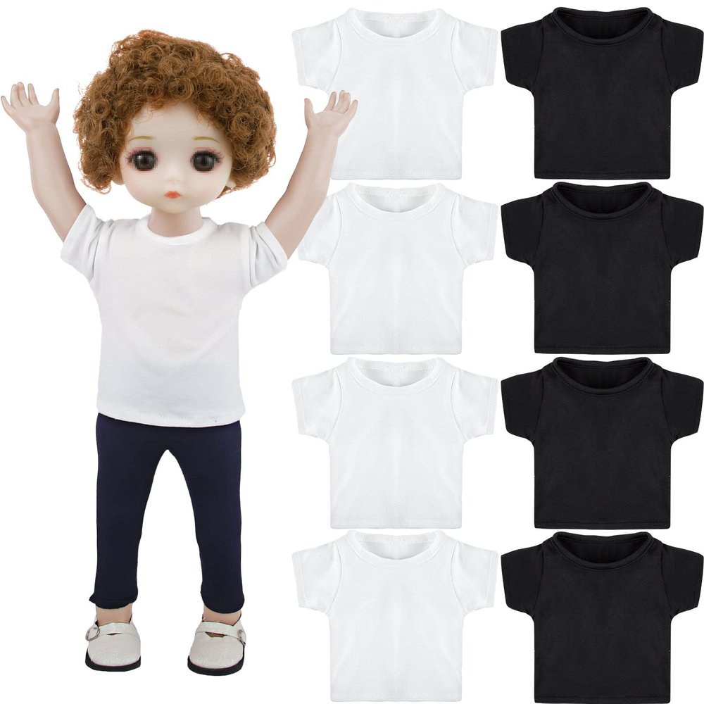 8 Pcs 18 Inch Boy Doll T Shirt Clothes Sublimation 18 Doll Outfits Accessories Classical Tee Shirts Fit 18 Inches Doll White and Black for Doll Decoration DIY Pretend Play