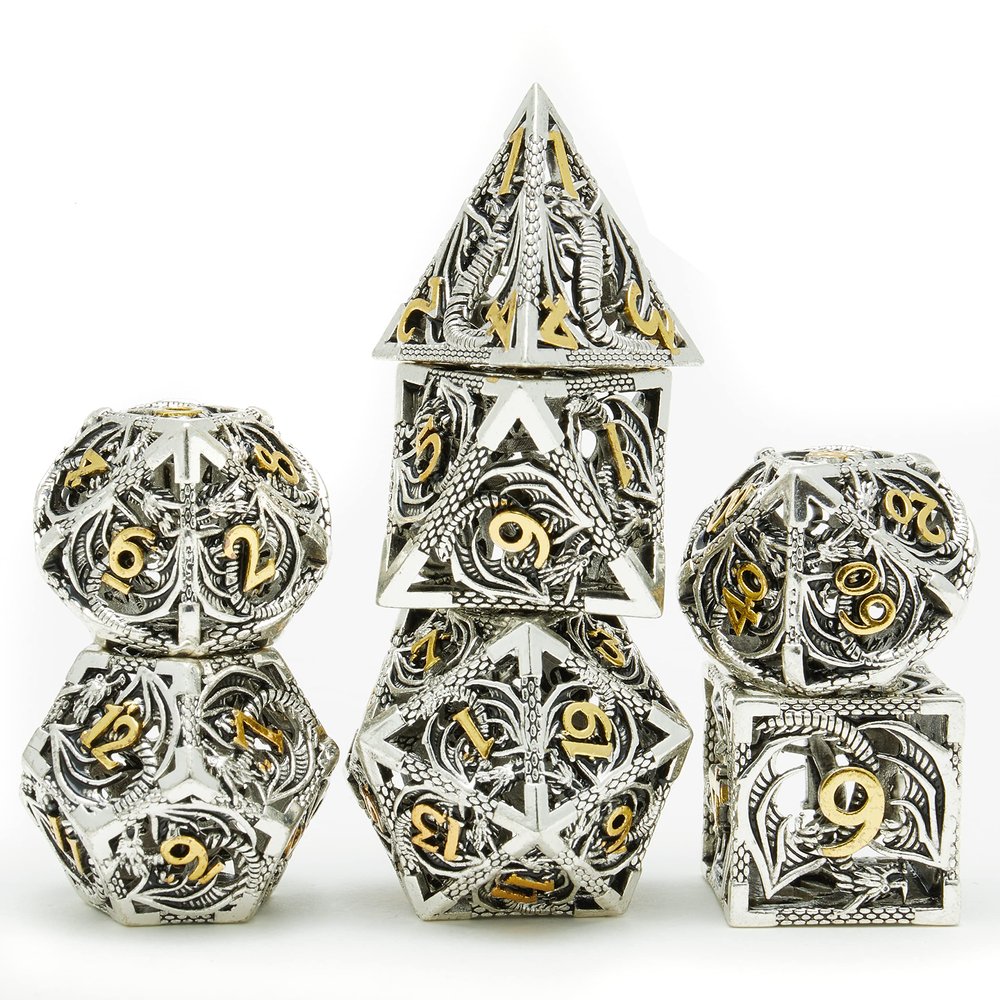 ZERMAL Metal DND Dragon Dice Set Dungeons and Dragons for Role Playing Games (RPG) MTG Pathfinder Tabletop Games(Ancient Silver Gold)