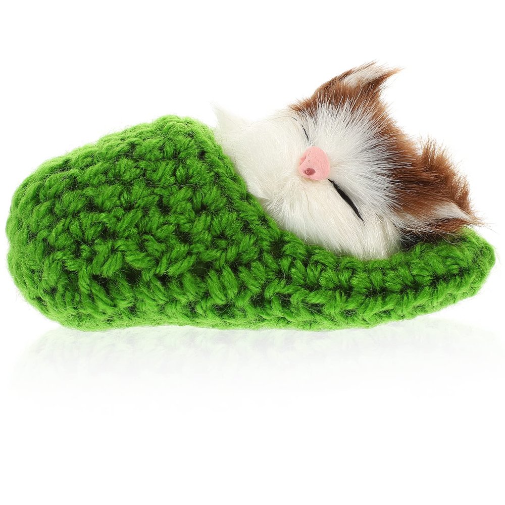Ciieeo in Slippers Cats Doll Toy Mini Kitten in Shoe with Meows Sounds Sleeping Kitten Toy Decors for Home Table Car Decor Kids (Green)