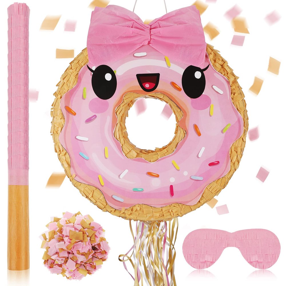 Zhanmai Pink Donut Piata with String, Bat and Blindfold Multicolor Colorful Piata for Reveal Shower Donut Grow up Theme Party Birthday Anniversary Party Shower Decorations