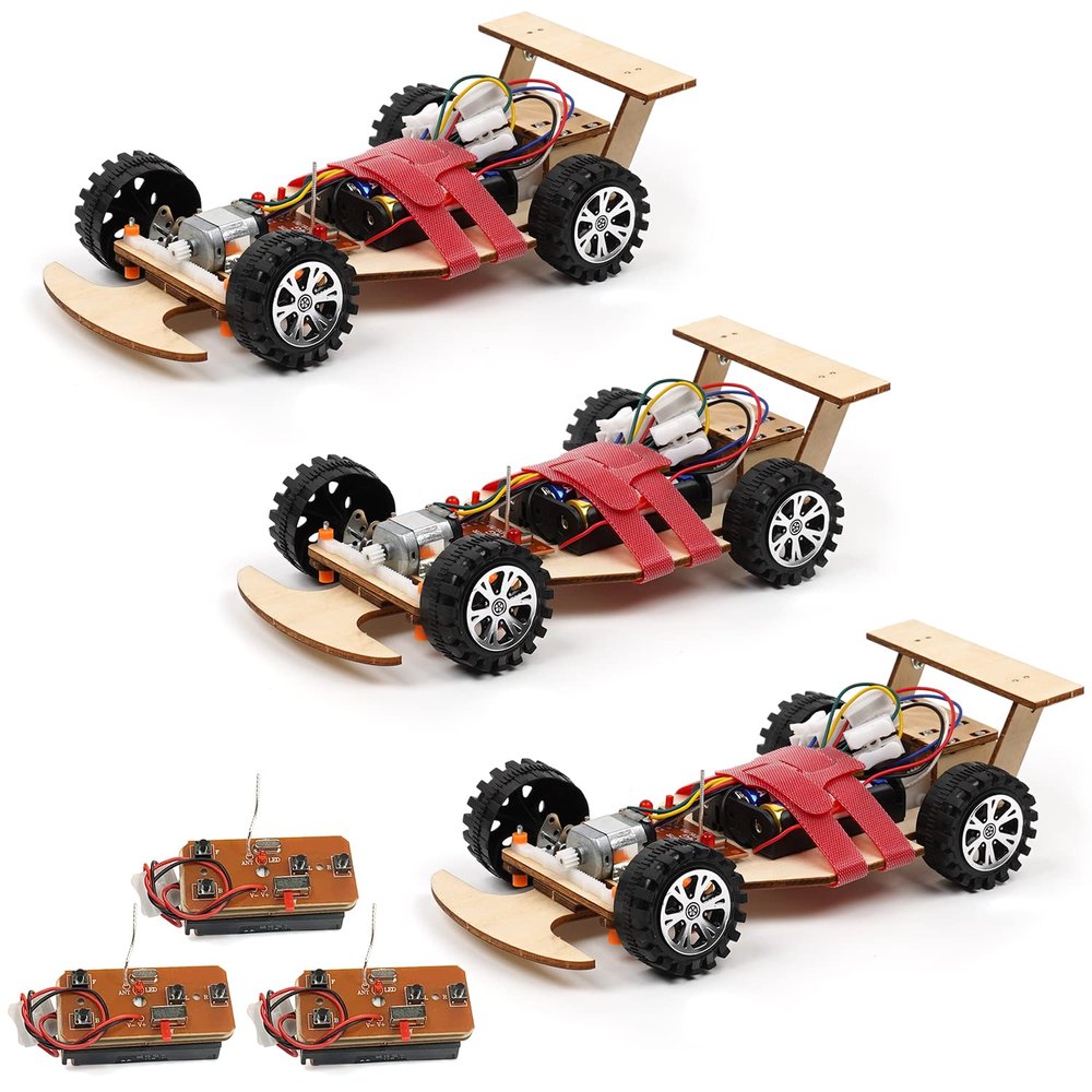 Pica Toys Wooden 2.4Ghz Wireless Remote Control Racing Car Kit F1 - Science Project for for Kids,Students,Education,School Model Car Kit to Build Experiment (3 Pack of Red)