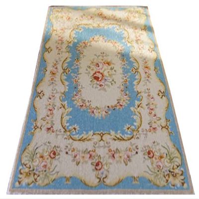 112 Scale Victorian Era Blue Ivory Aubusson Design Miniature Rug Red Pink Roses