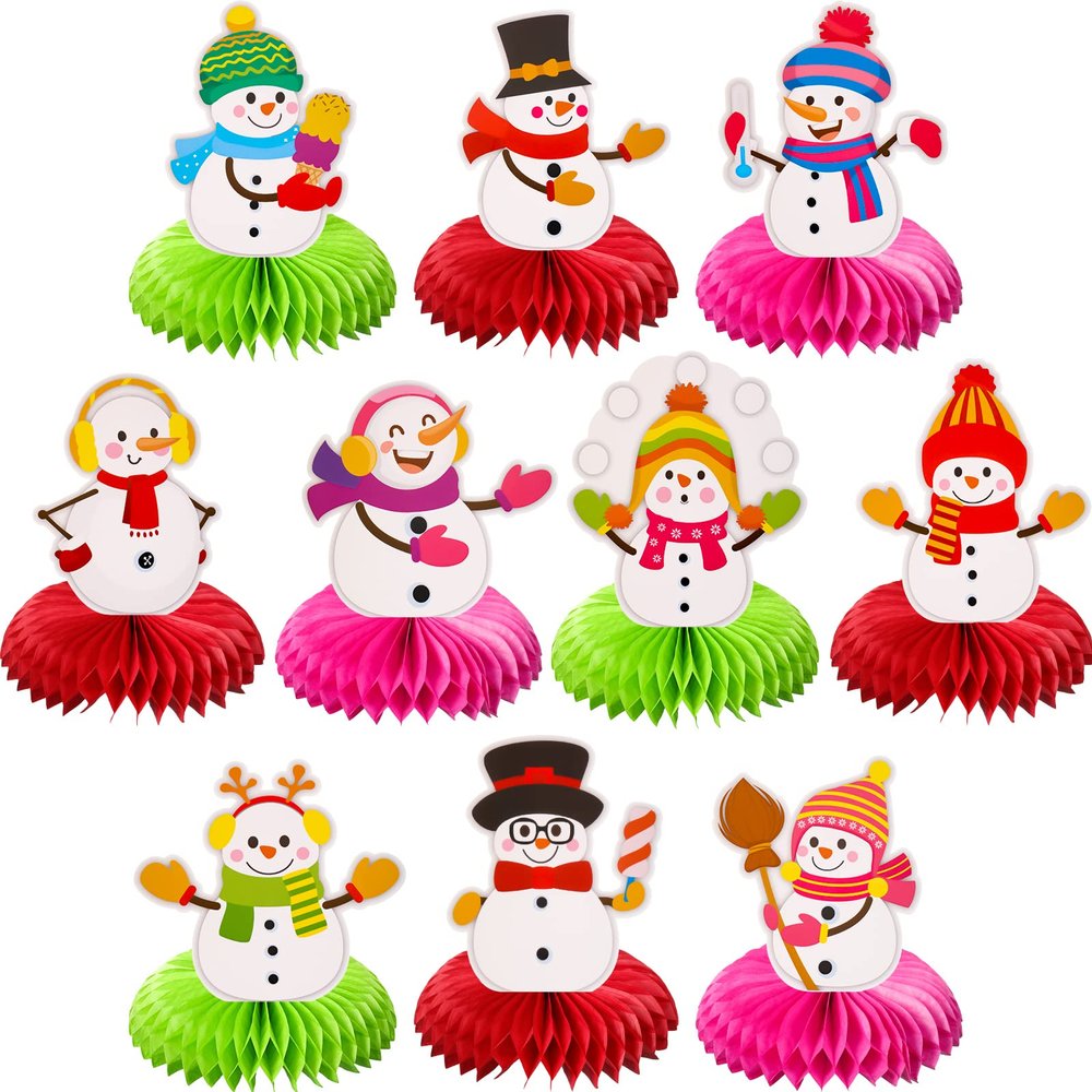 10 Pieces Snowman Honeycomb Centerpieces Winter Theme Table Decorations Snowflake Birthday Table Centerpieces Table Topper for Kids Winter Party Christmas Holidays Supplies