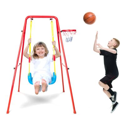 2 in 1 Childrens Swing Set U Shaped Heavy Duty 60kg Load Bearing Swing Set Plastic Alloy Swing Set with Basketball Hoop, Metal Swing Sets for Backyard, Metal Swing Sets for Backyard, 2 in 1 Kids