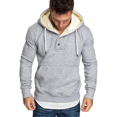 Maiyifu-GJ Men's Solid Color Sport Fleece Hoodie Casual Long Sleeve Henley Sweatshirt Slim Hooded Pullover With Kanga Pocket (Light Grey,X-Large)