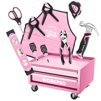 WORKPRO Pink Real Tool Set for Kids with 12 Inch Mini Steel Tool Box with Wheels, 10PCS Kids Real Tools with 2 Drawers Desk Metal Rolling Tool Chest, Children's Tool Kit for Home DIY- Pink Ribbon
