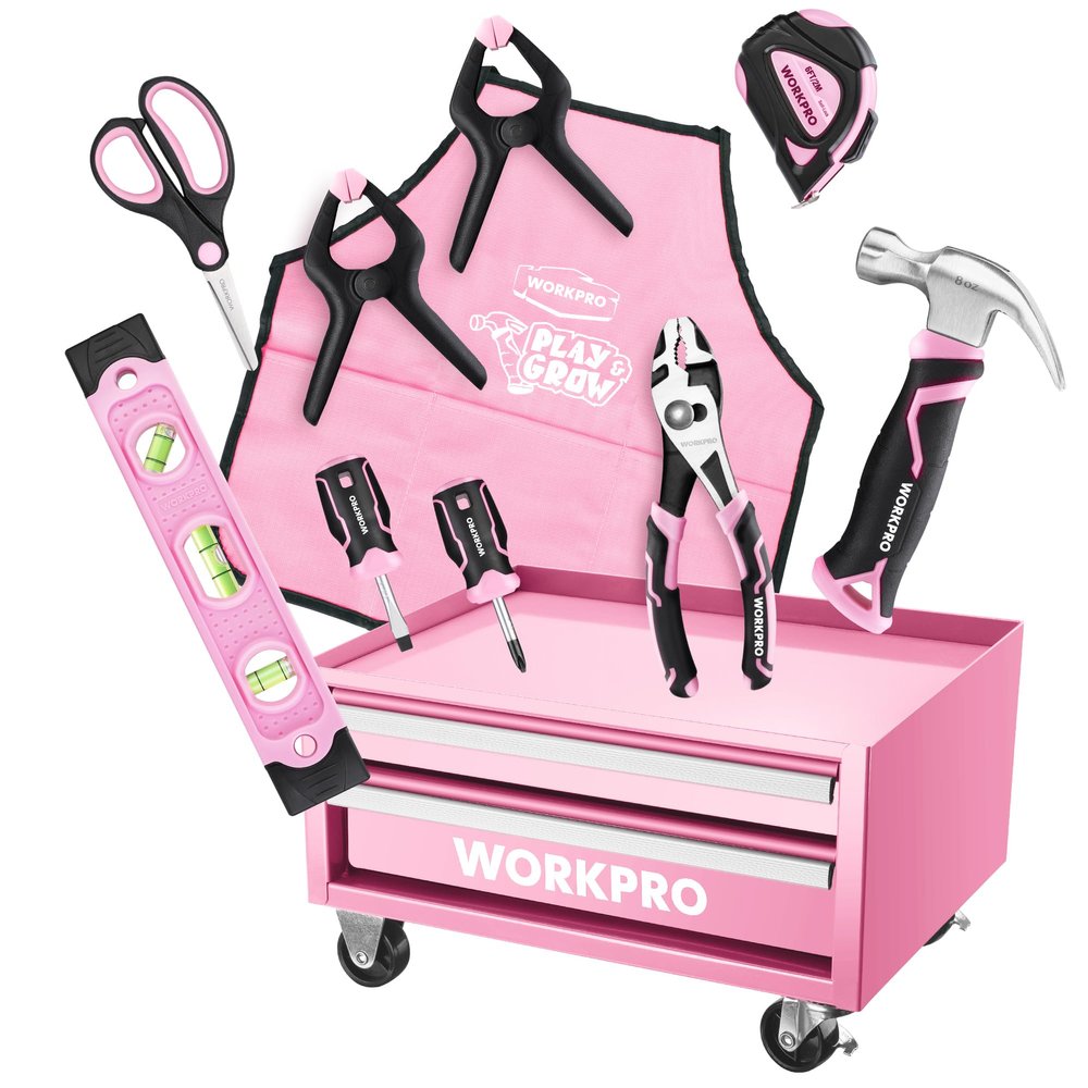 WORKPRO Pink Real Tool Set for Kids with 12 Inch Mini Steel Tool Box with Wheels, 10PCS Kids Real Tools with 2 Drawers Desk Metal Rolling Tool Chest, Children's Tool Kit for Home DIY- Pink Ribbon