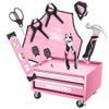 WORKPRO Pink Real Tool Set for Kids with 12 Inch Mini Steel Tool Box with Wheels, 10PCS Kids Real Tools with 2 Drawers Desk Metal Rolling Tool Chest, Children's Tool Kit for Home DIY- Pink Ribbon view 1