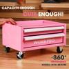 WORKPRO Pink Real Tool Set for Kids with 12 Inch Mini Steel Tool Box with Wheels, 10PCS Kids Real Tools with 2 Drawers Desk Metal Rolling Tool Chest, Children's Tool Kit for Home DIY- Pink Ribbon view 2