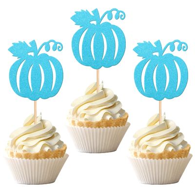 30 PCS Pumpkin Cupcake Toppers Glitter Fall Theme Cupcake Picks for Halloween Thanksgiving Pumpkin Theme Baby Shower Kids Birthday Party Cake Decorations Supplies Blue