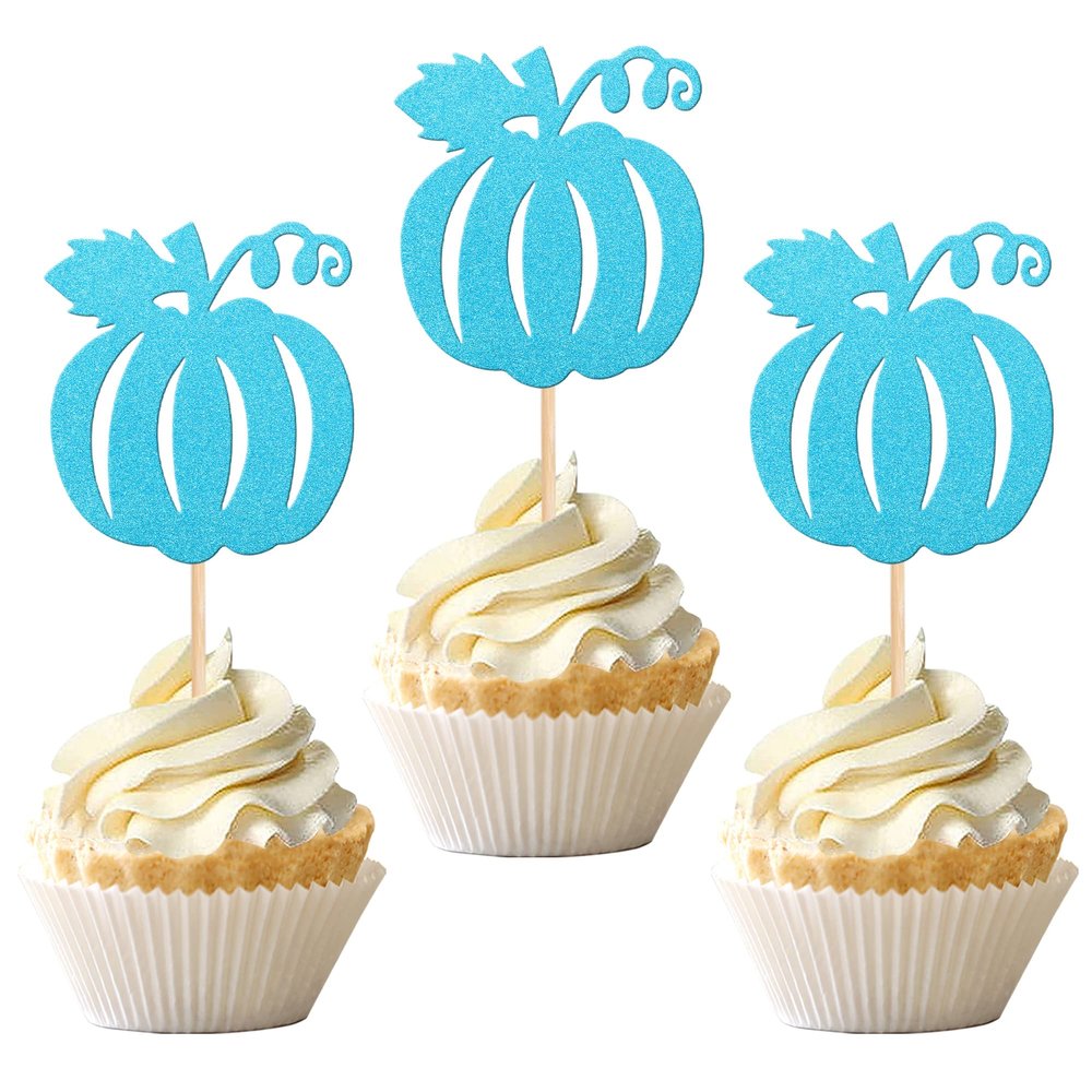 30 PCS Pumpkin Cupcake Toppers Glitter Fall Theme Cupcake Picks for Halloween Thanksgiving Pumpkin Theme Baby Shower Kids Birthday Party Cake Decorations Supplies Blue