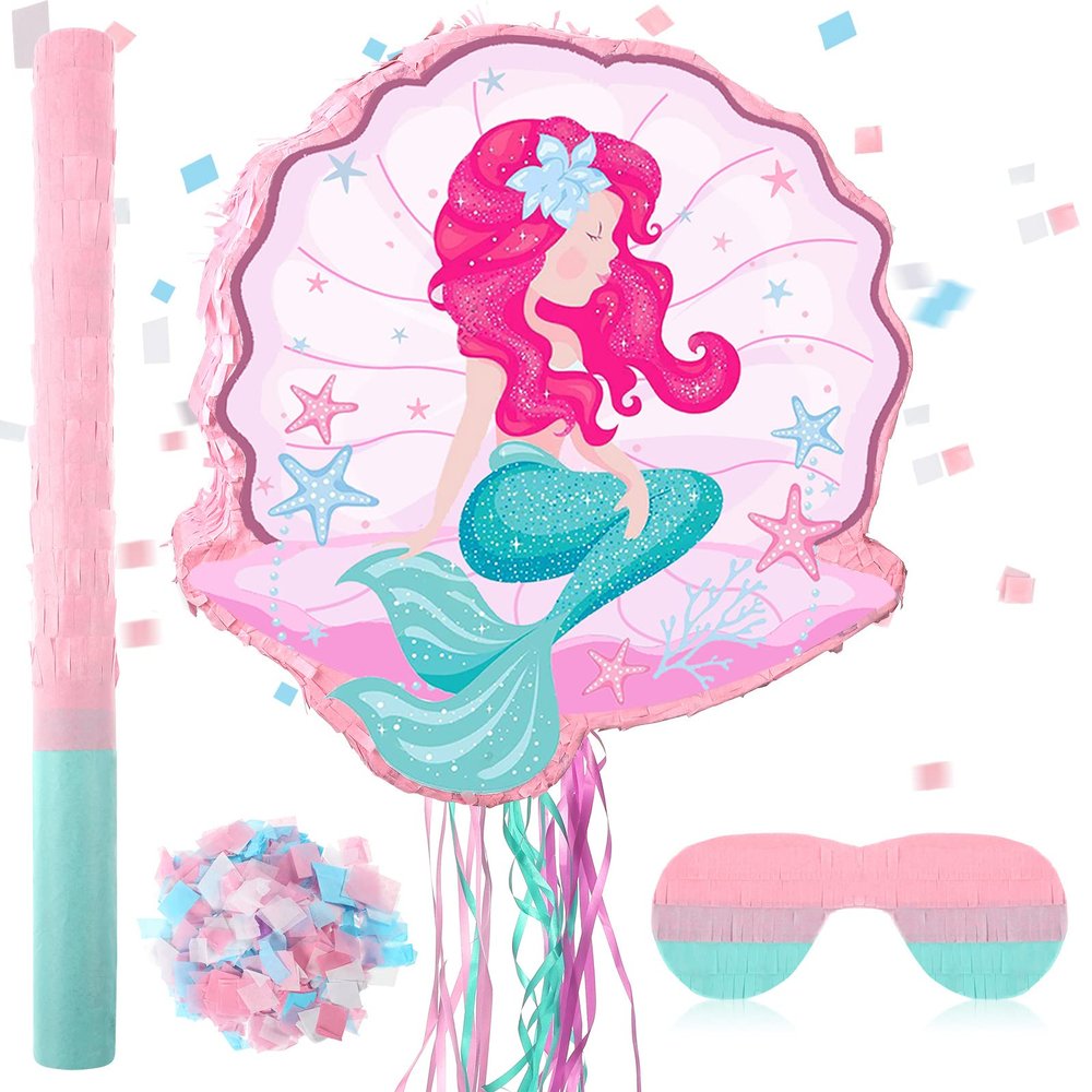 Ferraycle Mermaid Piata for Birthday Party Girl, Mermaid Party Supplies Piata with Blindfold, Bat and Confetti, Sea Ocean Theme Decorations for Games Celebration Activities, 13.39 x 13.78 inch
