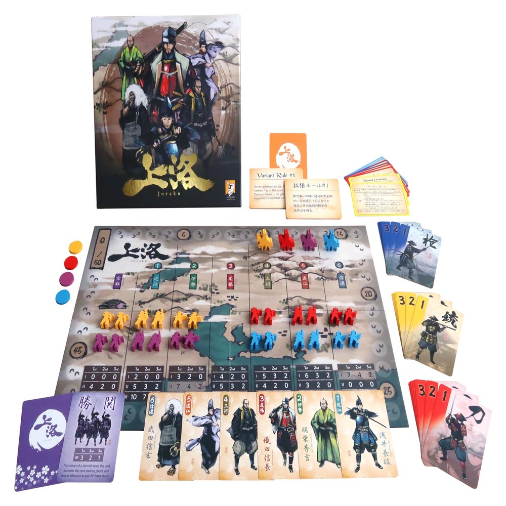 Moaideas Game Design Joraku Deluxe Strategy Board Game, 40 Wooden Samurai Meeples, Area Control and Trick-Taking Mechanics, for Strategy Game Enthusiasts, 2-4 Players, 20-40 Min