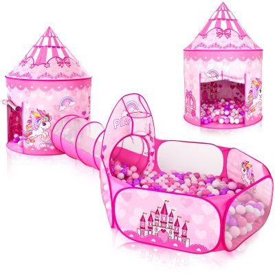 3pc Kids Play Tent for Girls with Ball Pit, Crawl Tunnel, Princess Tents for Toddlers, Baby Space World Playhouse Toys (3PC Princess Dream Tent)