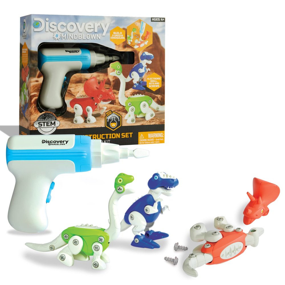 Discovery Dinosaur Construction Set, 90-Piece Action Model Build Kit, Kid-Safe Electronic Tools & Screws, Create T-Rex Triceratops, Prehistoric Monster Learning STEM Toy for Paleontologists