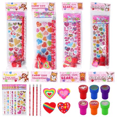 Valentines Day Gifts for Kids28 Pack Valentines Day Stationery Kids Includes Pencil, Erasers, Cards, Stickers, Stamper for Kids Valentine's Day Party Favor Supplies School Classroom Exchange