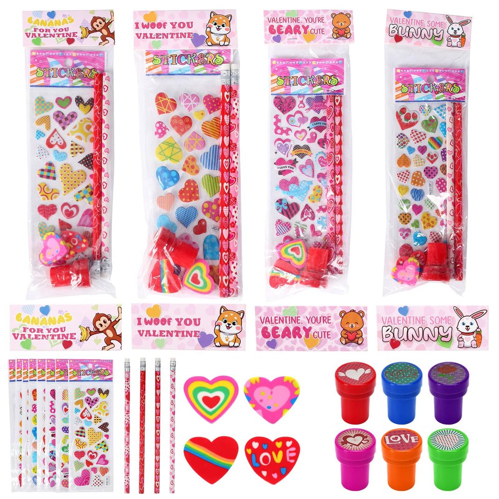 Valentines Day Gifts for Kids28 Pack Valentines Day Stationery Kids Includes Pencil, Erasers, Cards, Stickers, Stamper for Kids Valentine's Day Party Favor Supplies School Classroom Exchange