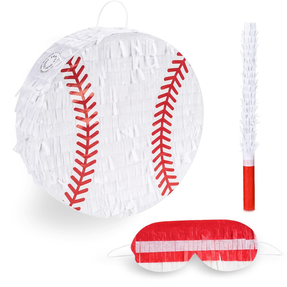 Birchio Baseball Pinata Bundle with a Blindfold and Bat (13"x13"x4"), Baseball Pinata for Boys, Perfect for Birthday Party, Sport Theme Party, Decoration