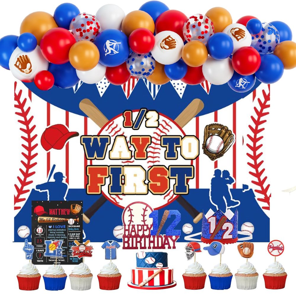 101 PCs Baseball Half Birthday Party Decorations, Hombae Concession Baseball Its My 1/2 Way to First Backdrop Balloon Garland Arch Cake Cupcake Topper Crown Poster Baseball Glove Bat 6 Months Blue