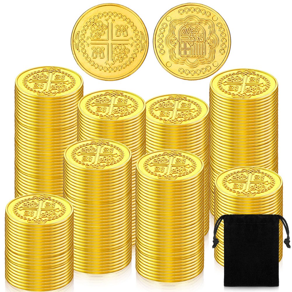 Hanaive 100 Pcs Metal Pirate Coins Treasure Chest Spanish Doubloon Fake Coins Tokens for Kids Board Games Pirate Party Cosplay(Gold,L,Round)