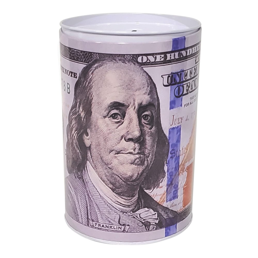 6.2" Inch X 4.5" Reusable 100 Dollar Bill Piggy Bank Tall Coin Money Saving Currency Benjamin Franklin Note Tin Can Banknote Jar (1PC)