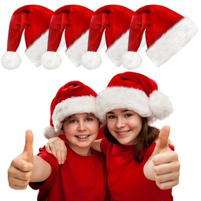 kortes 4 Pack Plush Kids Santa Hat, Unisex Christmas Hats Classic Velvet Fabric Comfort Double Line Plush Santa Hat for Kids Children Toddler New Year Party Supplies (Red-4Pack)