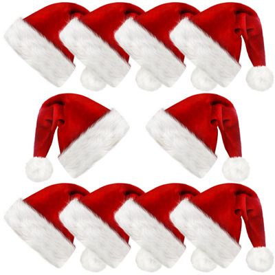 kortes 10 Pack Plush Kids Santa Hat, Unisex Christmas Hats Classic Velvet Fabric Comfort Double Line Plush Santa Hat for Kids Children Toddler New Year Party Supplies (Red-10Pack)