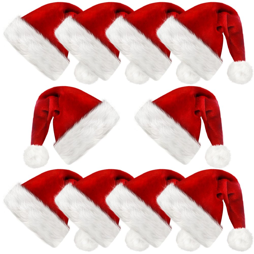 kortes 10 Pack Plush Kids Santa Hat, Unisex Christmas Hats Classic Velvet Fabric Comfort Double Line Plush Santa Hat for Kids Children Toddler New Year Party Supplies (Red-10Pack)