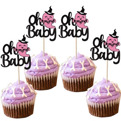 24 Pack Baby Shower Halloween Cupcake Topper Glitter Happy Boo Day Ghost Cupcake Pick Baby Shower Birthday Happy Halloween Party Cupcake Decoration Supplies Black Pink