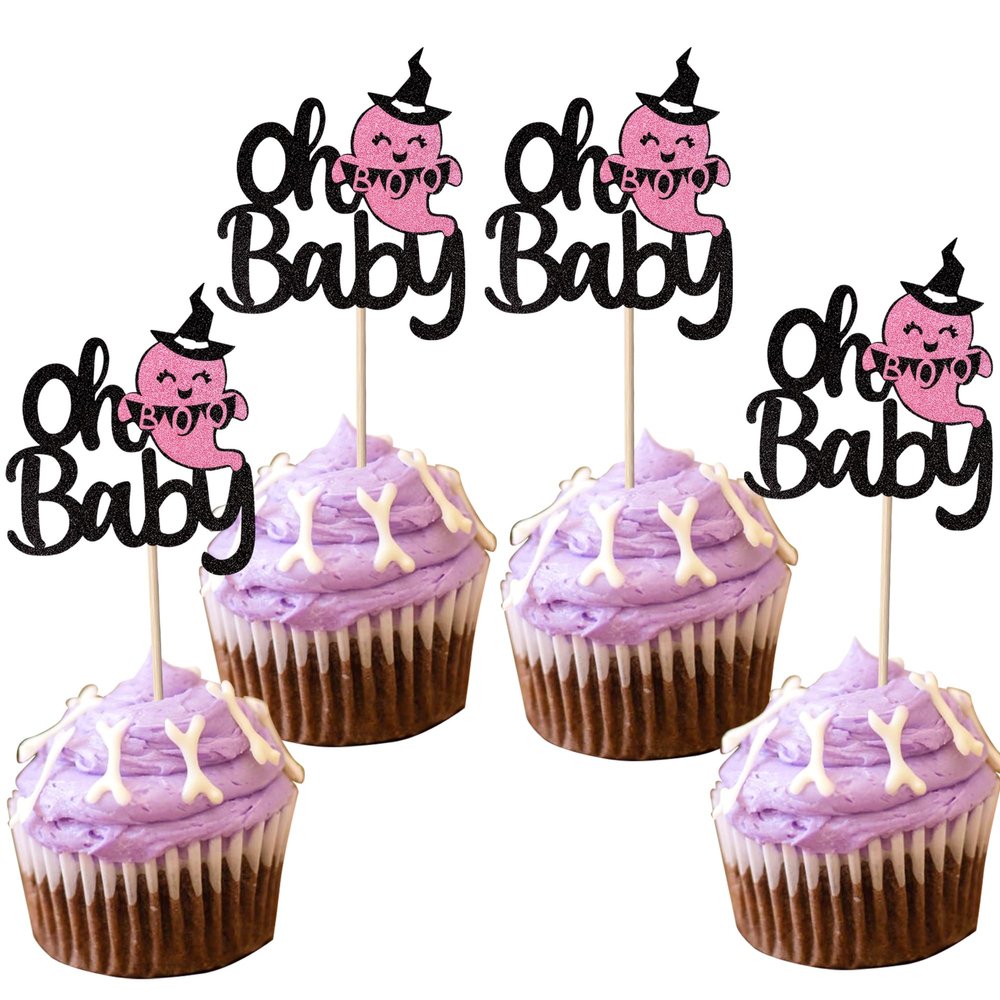 24 Pack Baby Shower Halloween Cupcake Topper Glitter Happy Boo Day Ghost Cupcake Pick Baby Shower Birthday Happy Halloween Party Cupcake Decoration Supplies Black Pink