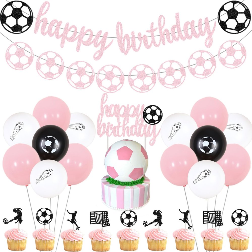 Sursurprise Soccer Birthday Party Decorations for Girls - Pink Banner, Garland, Cake Topper, Balloon for Sports Theme Party Supplies