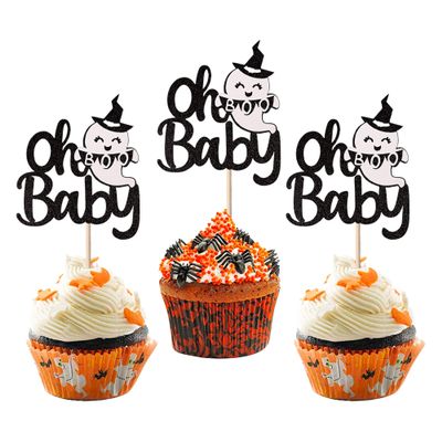 24 Pack Baby Shower Halloween Cupcake Topper Glitter Happy Boo Day Ghost Cupcake Pick Baby Shower Birthday Happy Halloween Party Cupcake Decoration Supplies Black White