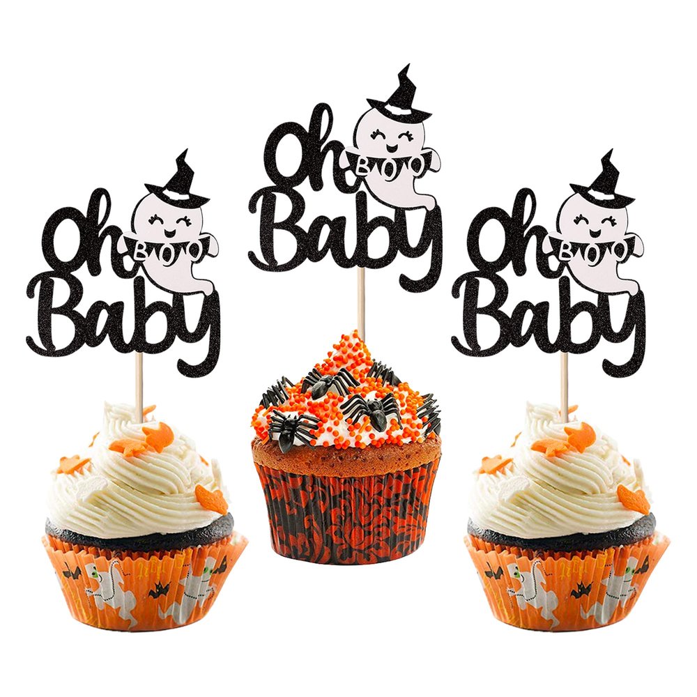 24 Pack Baby Shower Halloween Cupcake Topper Glitter Happy Boo Day Ghost Cupcake Pick Baby Shower Birthday Happy Halloween Party Cupcake Decoration Supplies Black White