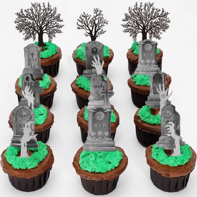 Whaline 37Pcs Halloween Cupcake Toppers Zombie Hand Tombstone Graveyard Cake Toppers Scary Halloween Toothpick Flags Table Centerpiece for Birthday Party Supplies Dessert Decorations