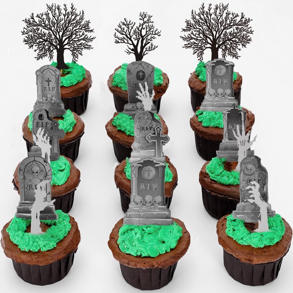 Whaline 37Pcs Halloween Cupcake Toppers Zombie Hand Tombstone Graveyard Cake Toppers Scary Halloween Toothpick Flags Table Centerpiece for Birthday Party Supplies Dessert Decorations