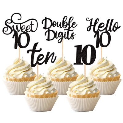 30PCS 10th Birthday Cupcake Toppers Glitter Hello 10 Double Digits Cupcake Picks Sweet 10 Ten Cake Decoration for 10th Birthday Anniversary Party Decorations Supplies Black