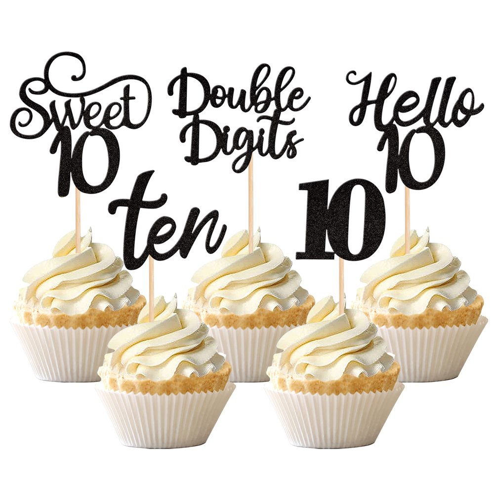 30PCS 10th Birthday Cupcake Toppers Glitter Hello 10 Double Digits Cupcake Picks Sweet 10 Ten Cake Decoration for 10th Birthday Anniversary Party Decorations Supplies Black