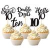 30PCS 10th Birthday Cupcake Toppers Glitter Hello 10 Double Digits Cupcake Picks Sweet 10 Ten Cake Decoration for 10th Birthday Anniversary Party Decorations Supplies Black view 1