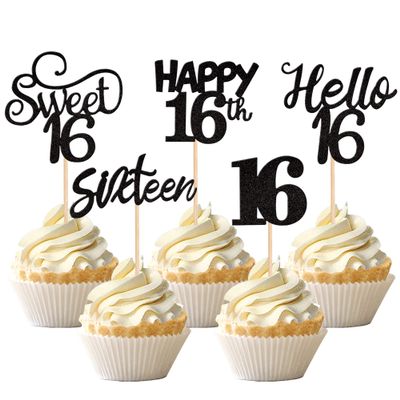30PCS 16th Birthday Cupcake Toppers - Glitter Sixteen Happy Cupcake Picks - Hello Sweet 16 Cake Decorations for 16th Birthday Anniversary Party Decorations Supplies - Black