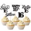 30PCS 16th Birthday Cupcake Toppers - Glitter Sixteen Happy Cupcake Picks - Hello Sweet 16 Cake Decorations for 16th Birthday Anniversary Party Decorations Supplies - Black view 1