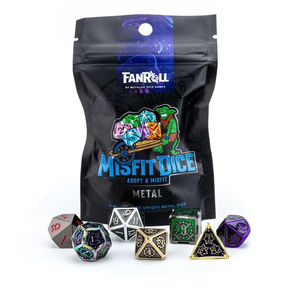 FanRoll Mystery Misfit Metals: Bag of 7 Assorted Polyhedral 16mm Metal Dice