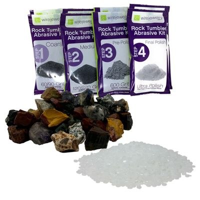 WireJewelry Gemstones of The World Tumbler Refill Kit - 3 Lbs. of Handpicked Rock, 2 Batches of 4 Step Abrasive Grit and Polish with Plastic Pellets