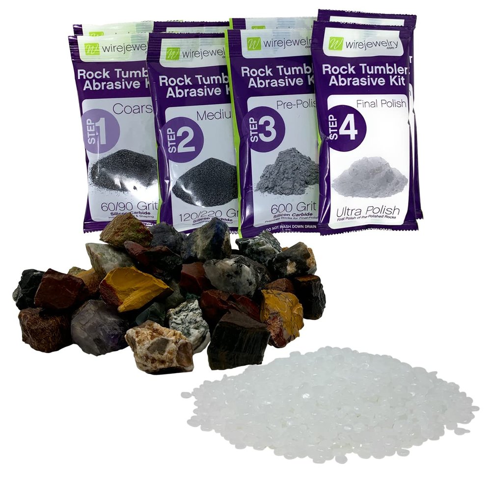 WireJewelry Gemstones of The World Tumbler Refill Kit - 3 Lbs. of Handpicked Rock, 2 Batches of 4 Step Abrasive Grit and Polish with Plastic Pellets
