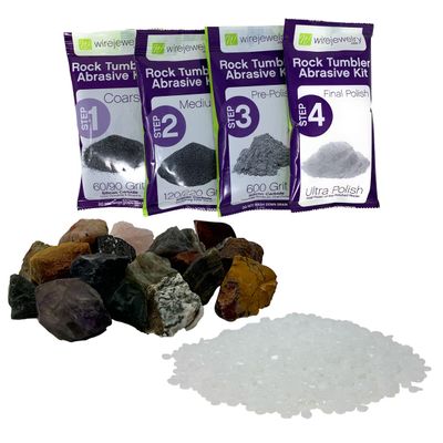 WireJewelry Gemstones of The World Tumbler Refill Kit - 1.5 Lbs. of Handpicked Rock, 1 Batch of 4 Step Abrasive Grit and Polish with Plastic Pellets
