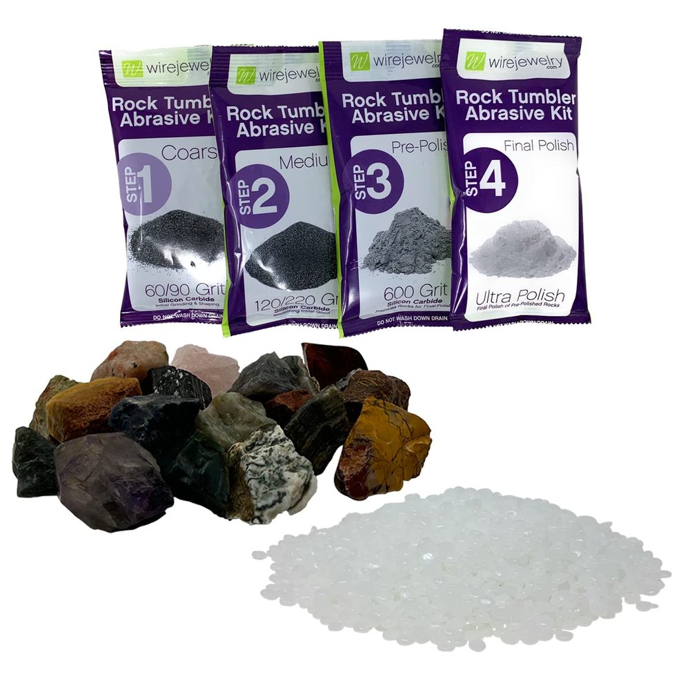 WireJewelry Gemstones of The World Tumbler Refill Kit - 1.5 Lbs. of Handpicked Rock, 1 Batch of 4 Step Abrasive Grit and Polish with Plastic Pellets