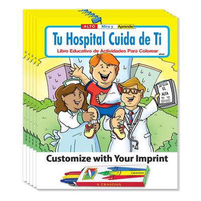 ZOCO Your Hospital Cares About You (in Spanish) Custom Promotional Coloring Books (250 Bulk Pack, with Crayons) Educational Games, Puzzles, Activities for Kids